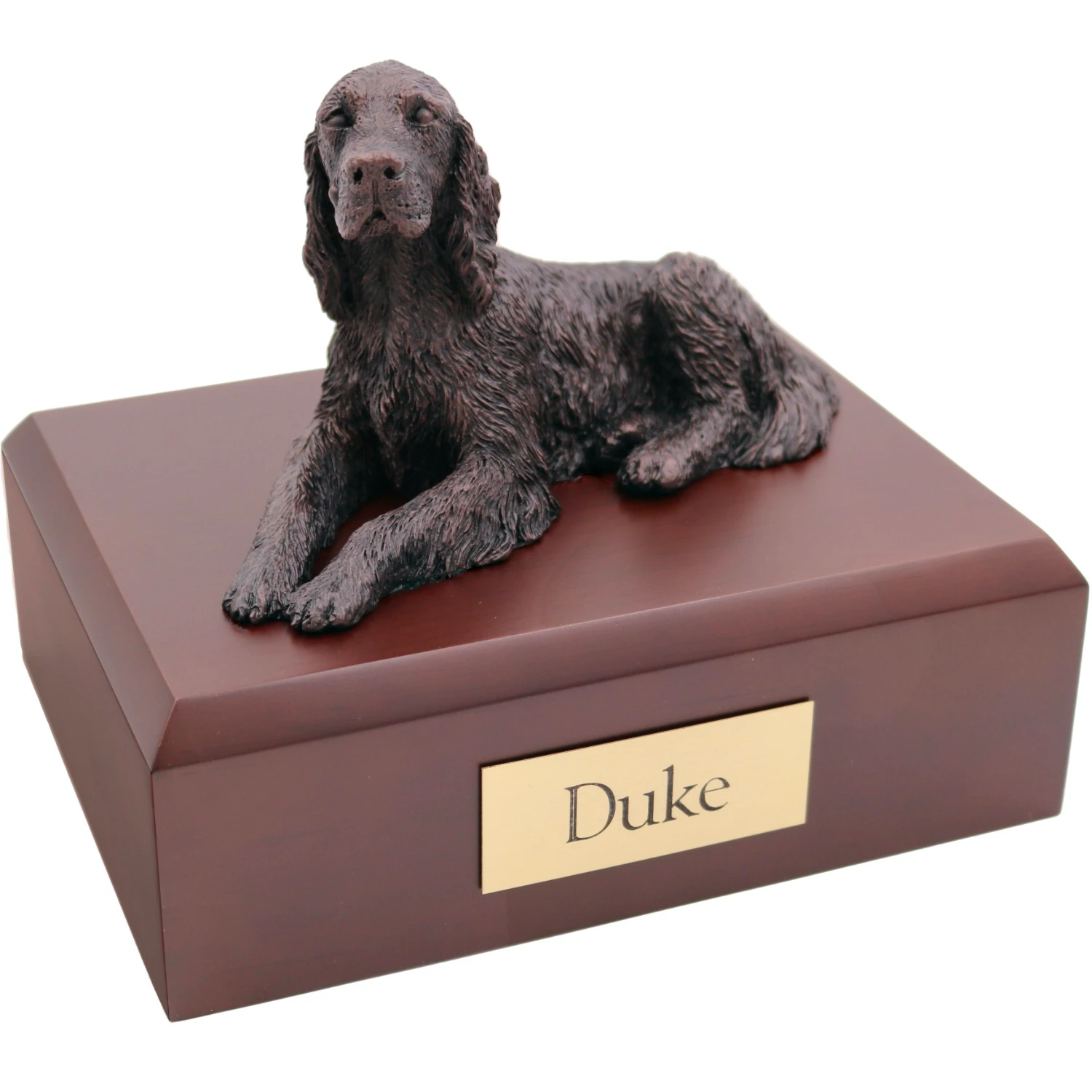 Bronze look laying Irish Setter dog figurine walnut wood memorial cremation urn