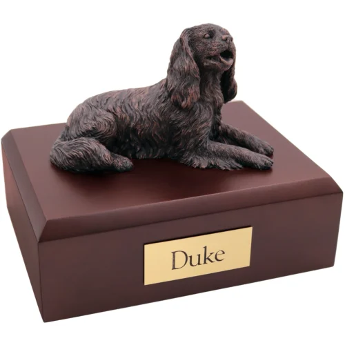 Bronze look laying King Charles Spaniel dog figurine walnut wood memorial cremation urn