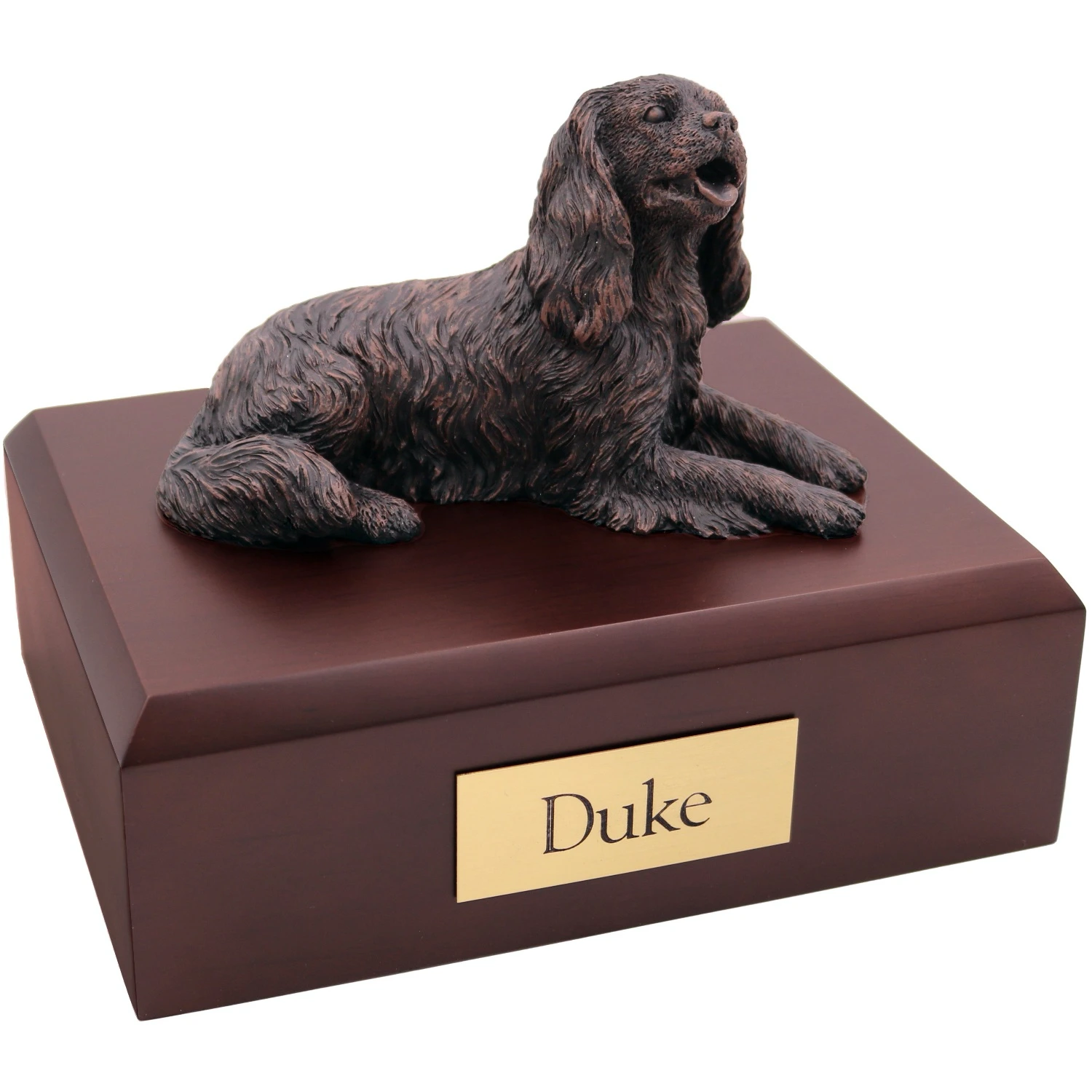 Bronze look laying King Charles Spaniel dog figurine walnut wood memorial cremation urn