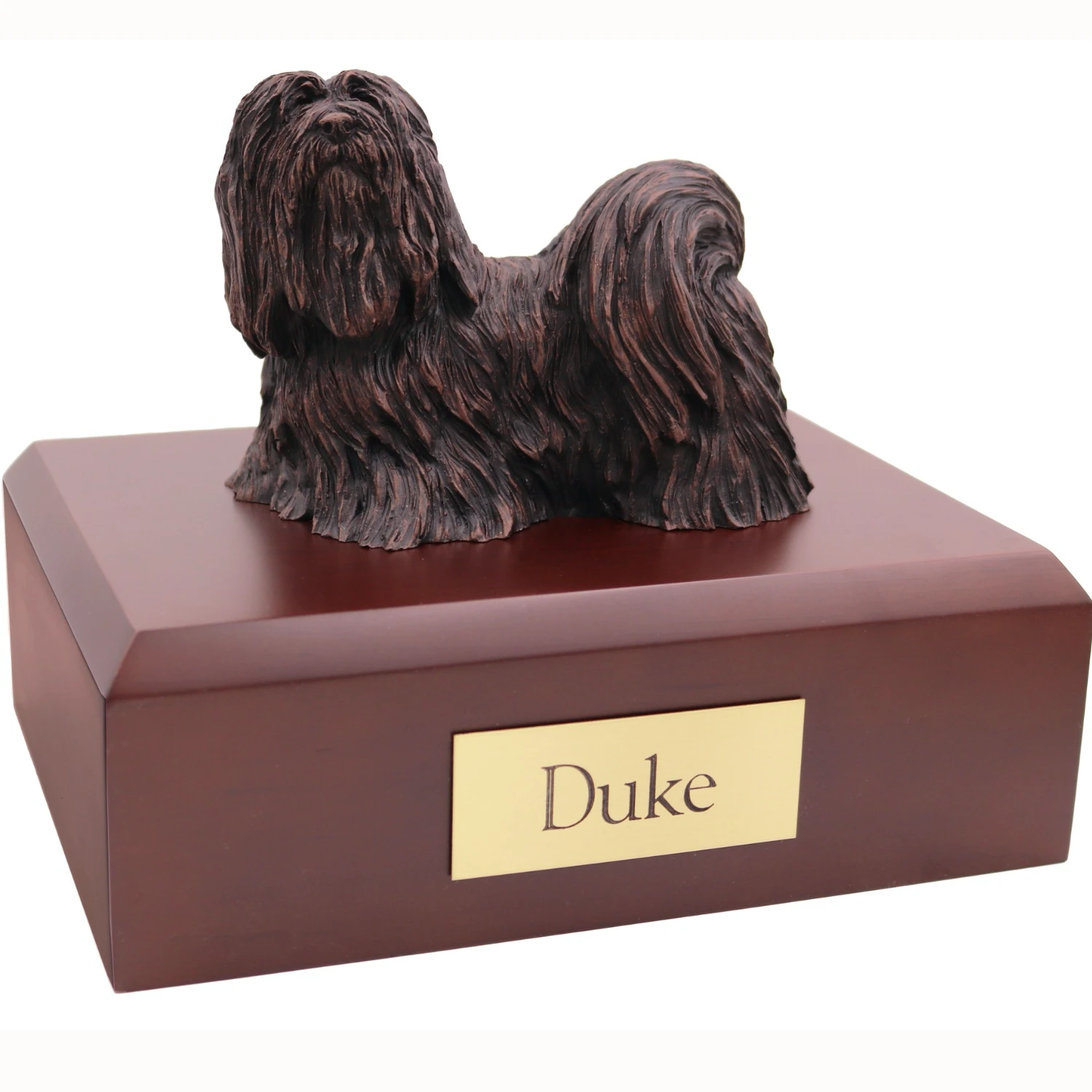 Bronze look standing Lhasa Apso dog figurine walnut wood memorial cremation urn