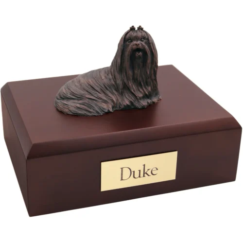 Bronze look laying Maltese dog figurine walnut wood memorial cremation urn