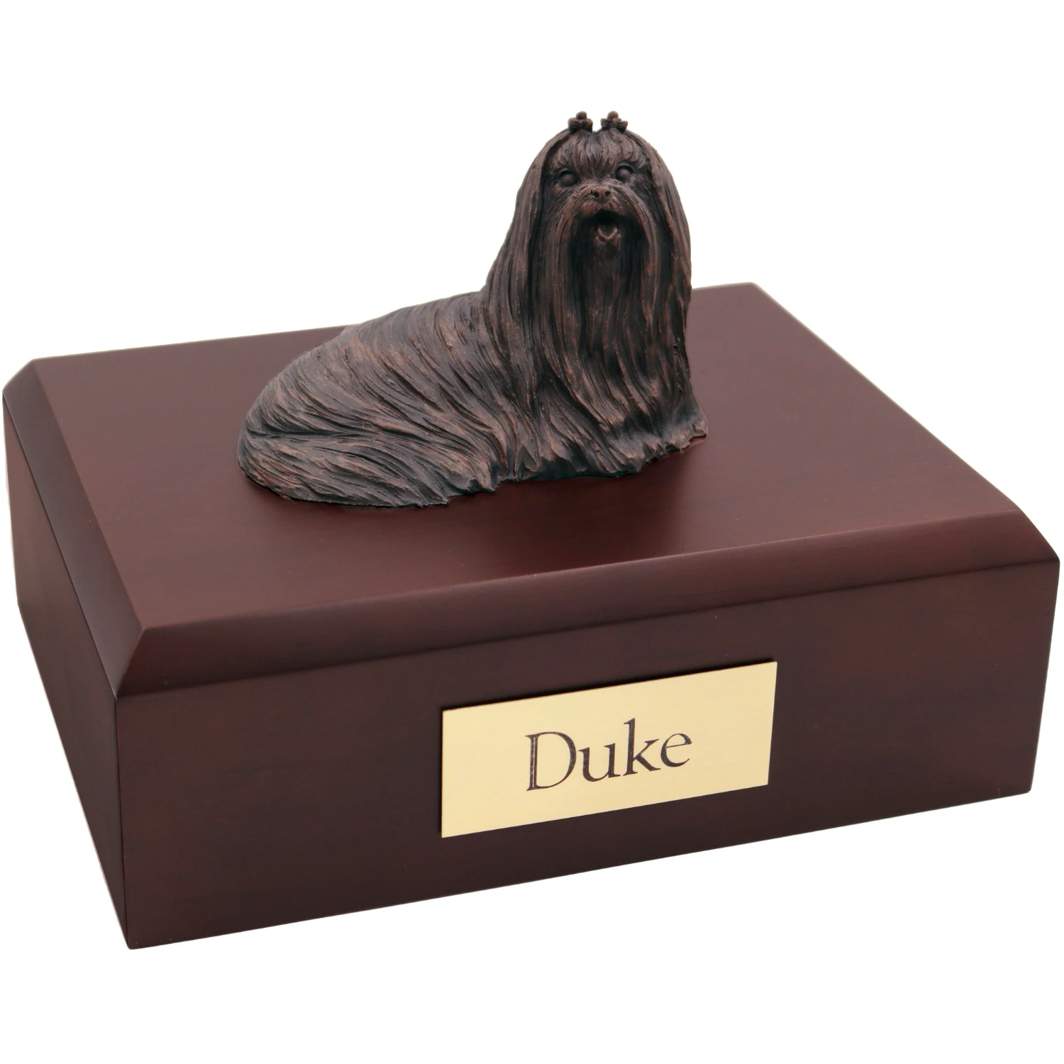 Bronze look laying Maltese dog figurine walnut wood memorial cremation urn