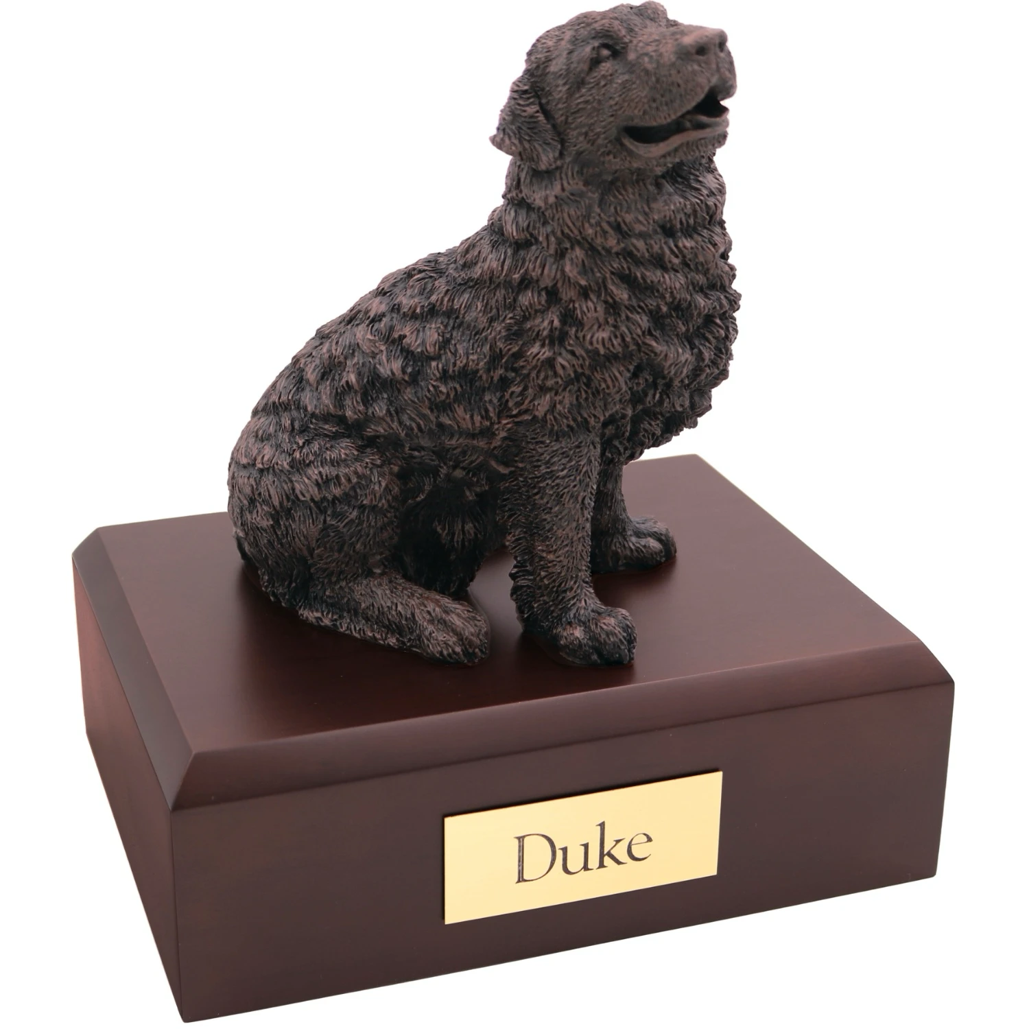 Bronze look sitting Newfoundland dog figurine walnut wood memorial cremation urn