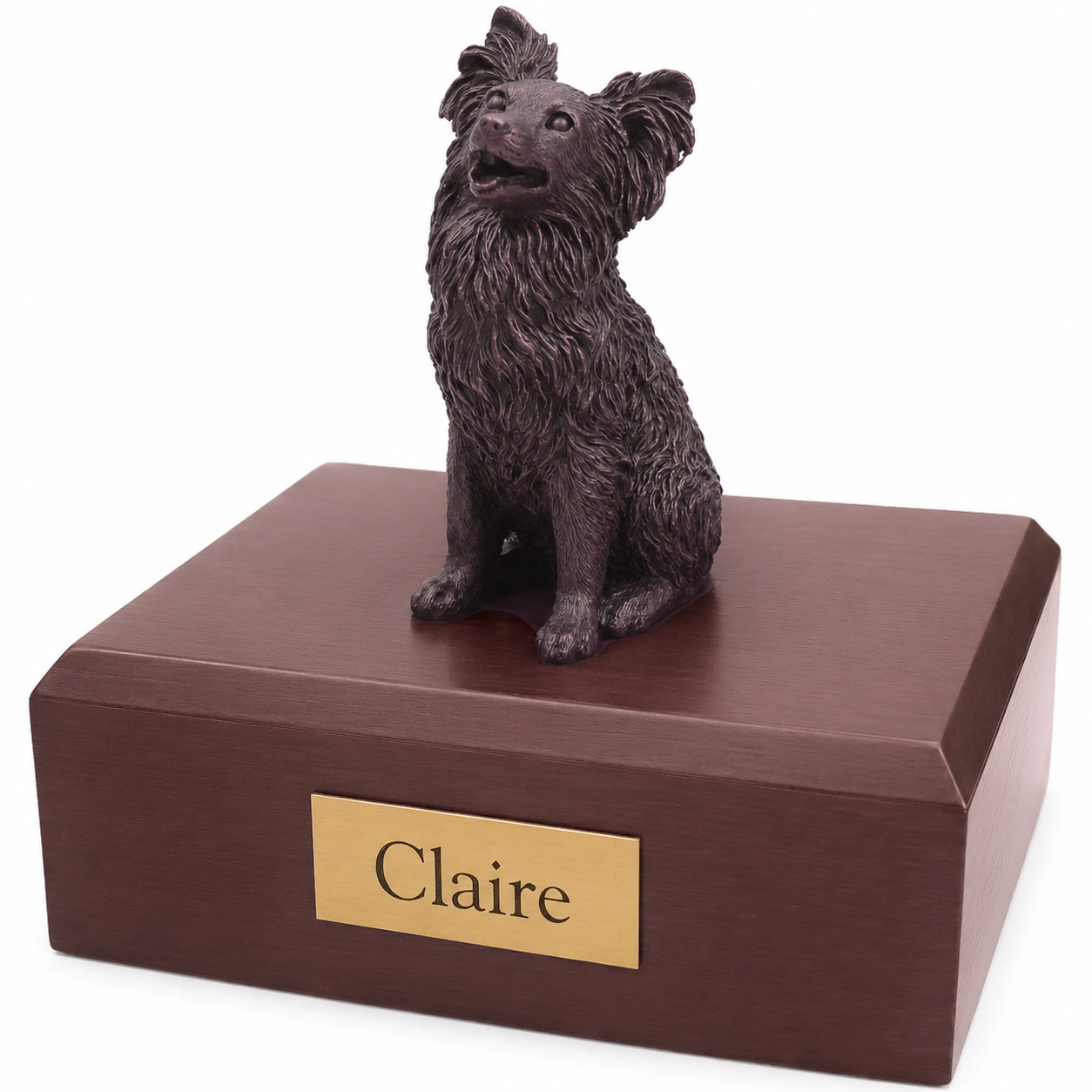 Bronze look sitting Papillon dog figurine walnut wood memorial cremation urn