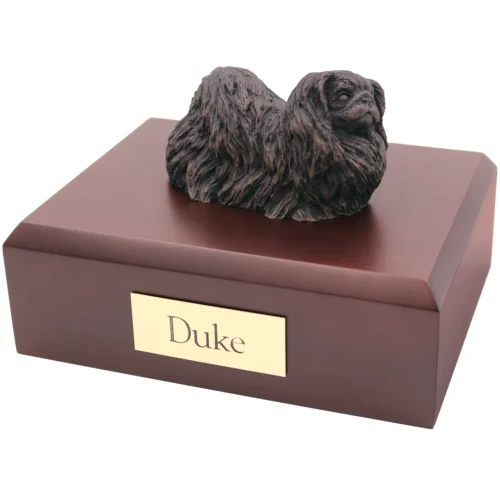 Bronze look standing Pekingese dog figurine walnut wood memorial cremation urn