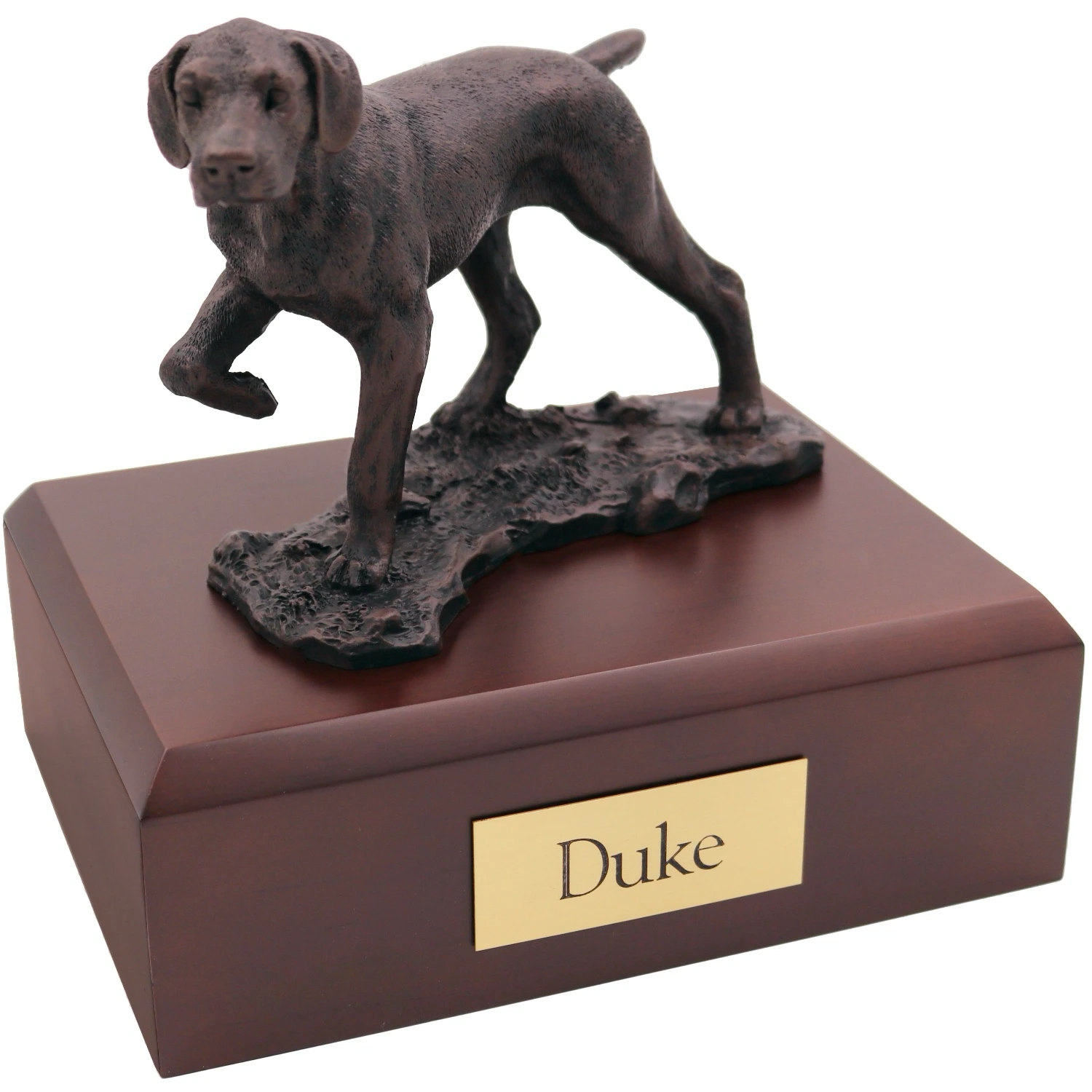 Bronze look standing Pointer dog figurine walnut wood memorial cremation urn