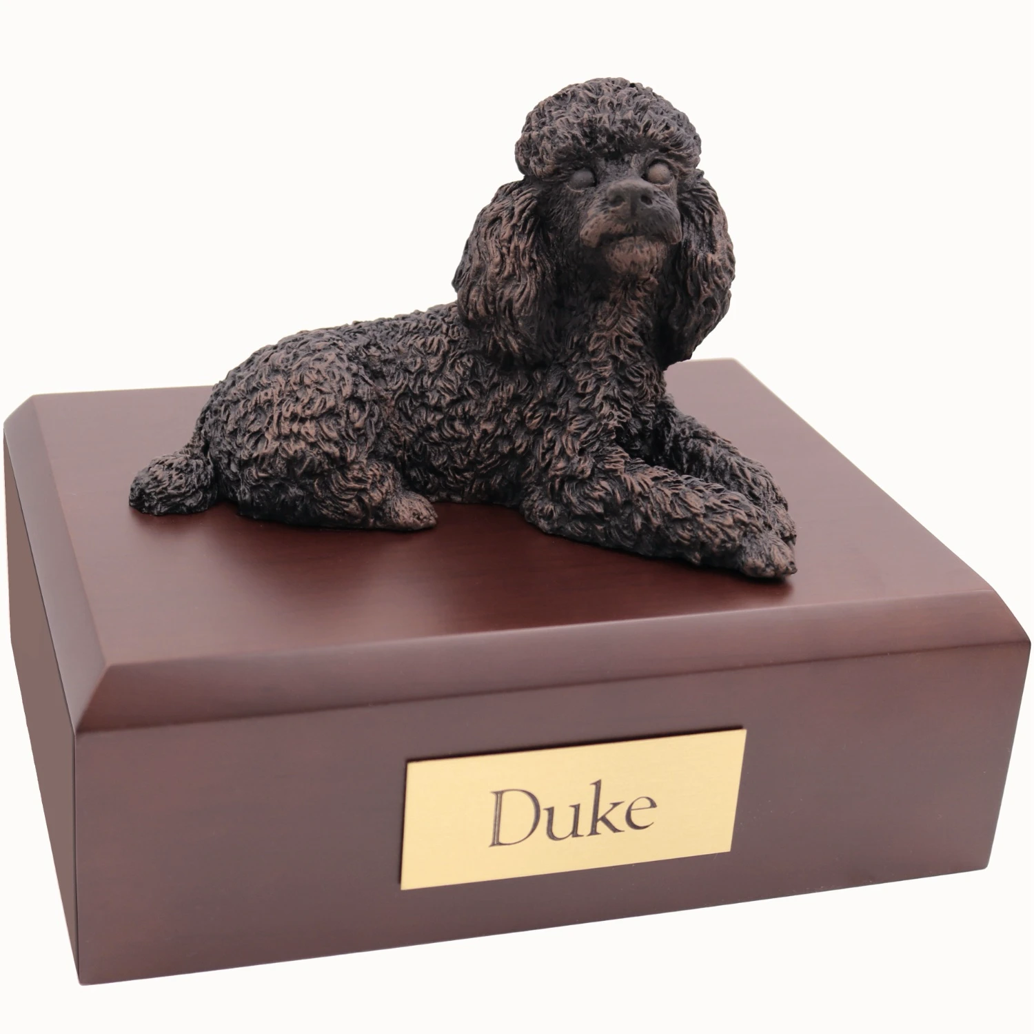 Bronze look laying Poodle dog figurine walnut wood memorial cremation urn