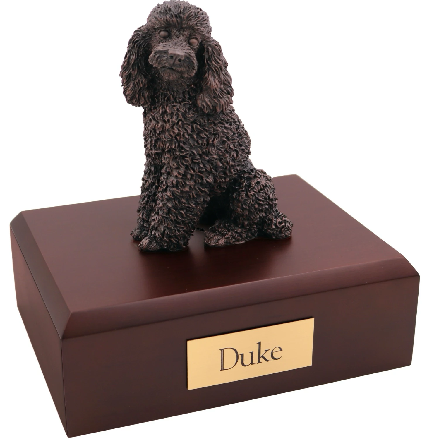 Bronze look sitting Poodle dog figurine walnut wood memorial cremation urn
