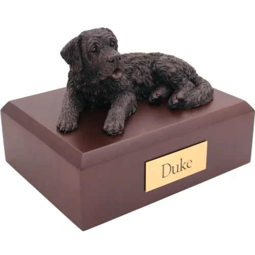 Bronze look laying Saint Bernard dog figurine walnut wood memorial cremation urn
