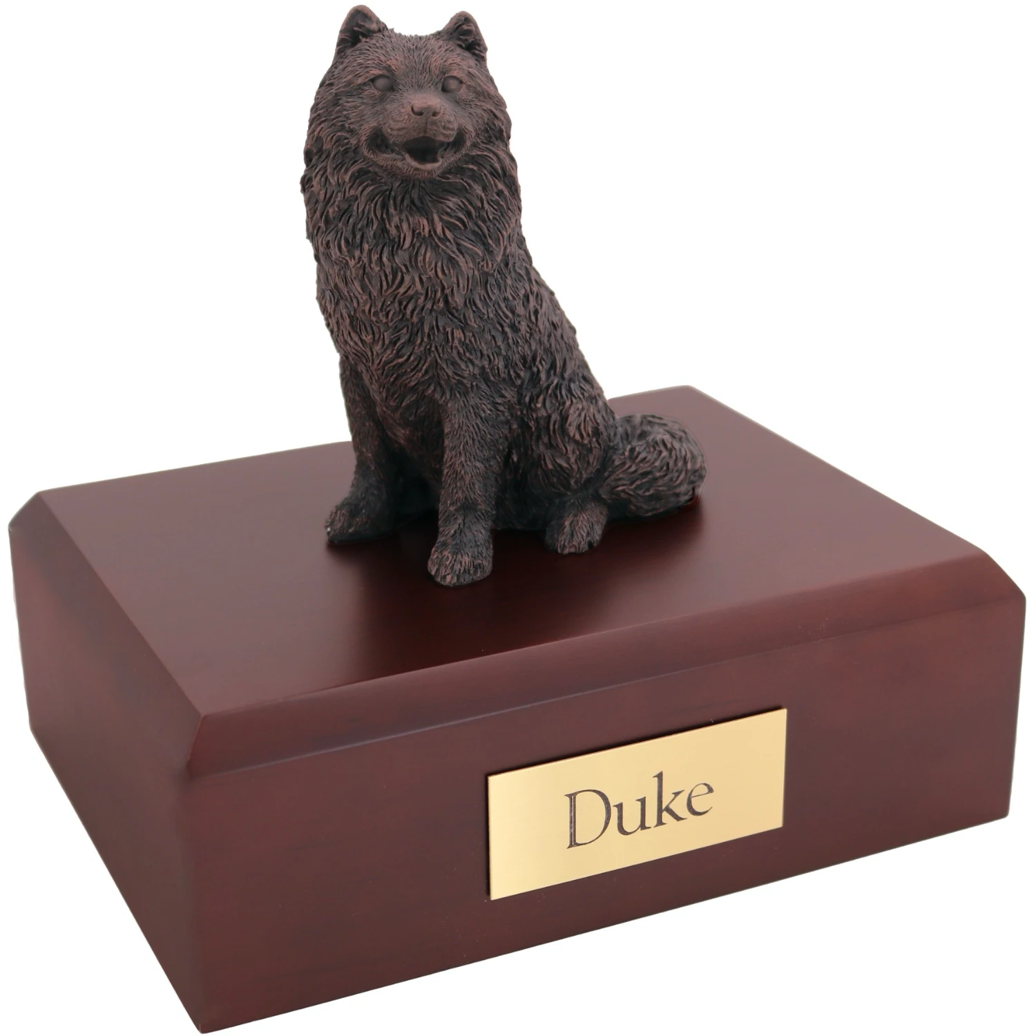 Bronze look sitting Samoyed dog figurine walnut wood memorial cremation urn