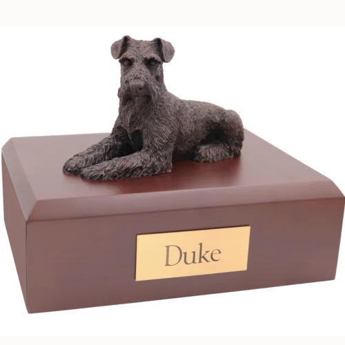 Bronze look laying ears down Schnauzer dog figurine walnut wood memorial cremation urn
