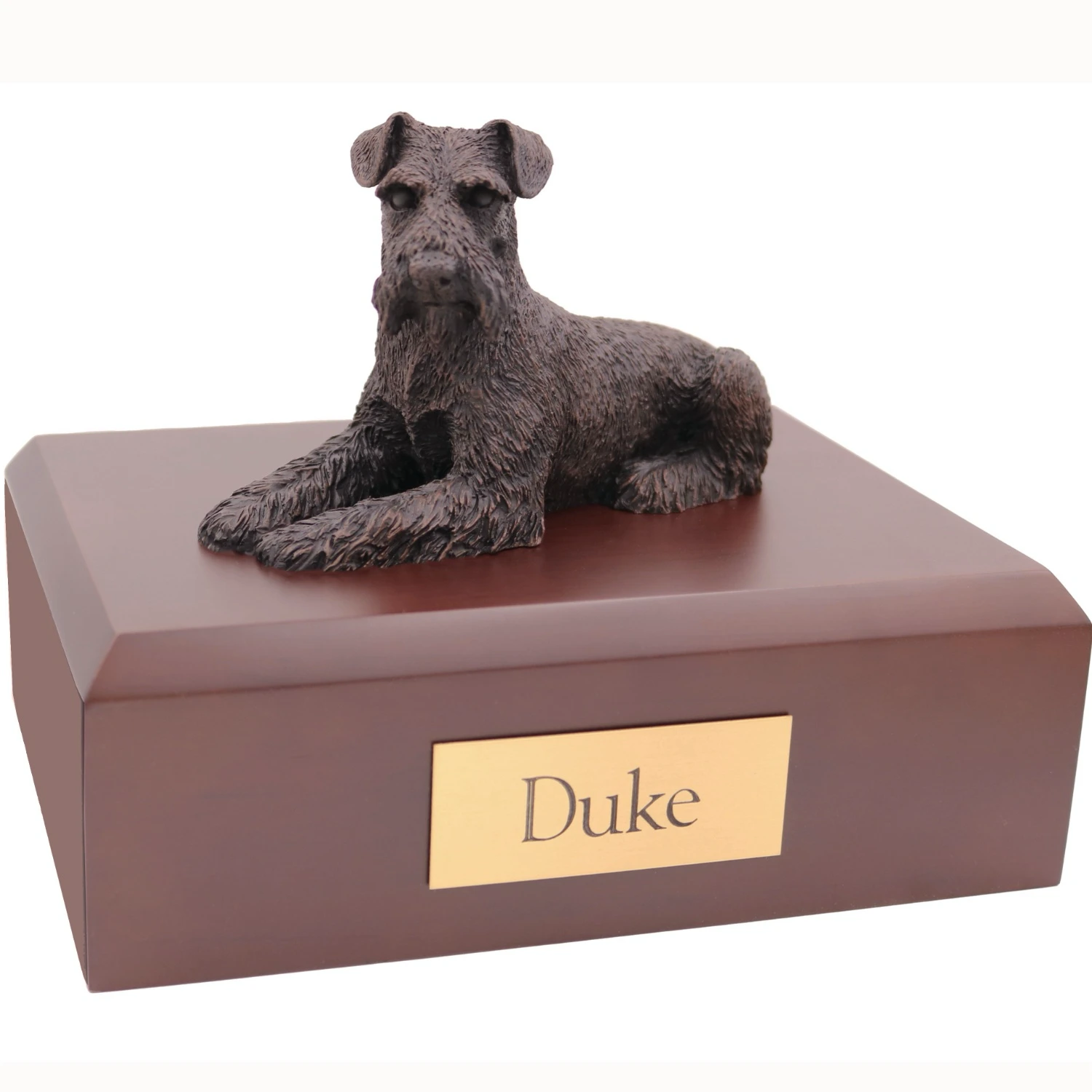 Bronze look laying ears down Schnauzer dog figurine walnut wood memorial cremation urn