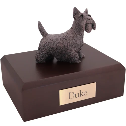 Bronze look standing Scottish Terrier dog figurine walnut wood memorial cremation urn