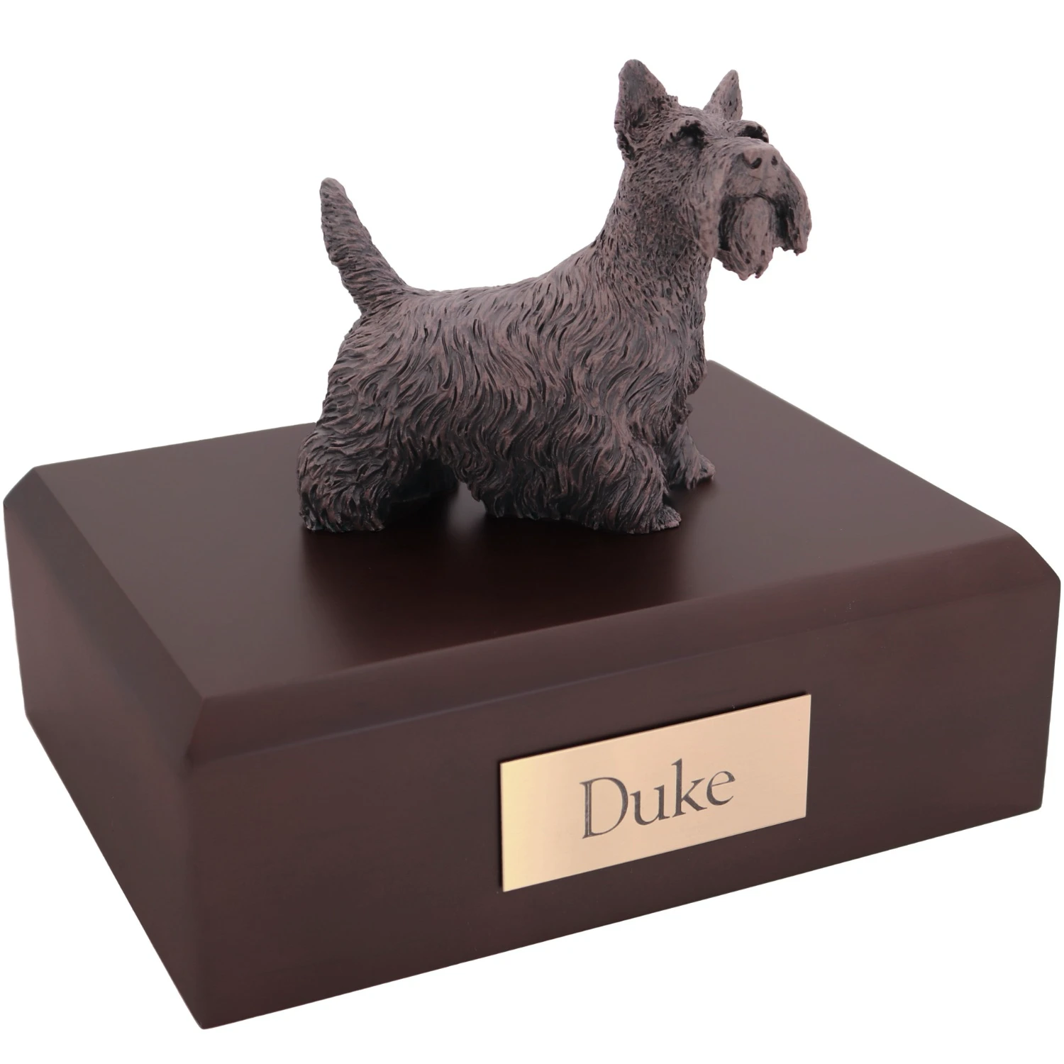 Bronze look standing Scottish Terrier dog figurine walnut wood memorial cremation urn