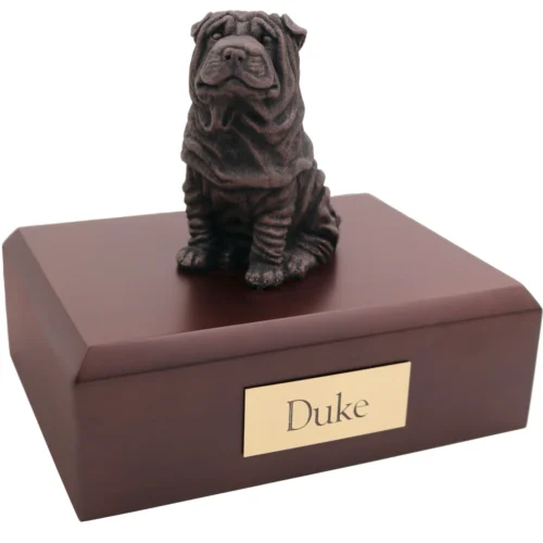 Bronze look sitting Shar Pei dog figurine walnut wood memorial cremation urn
