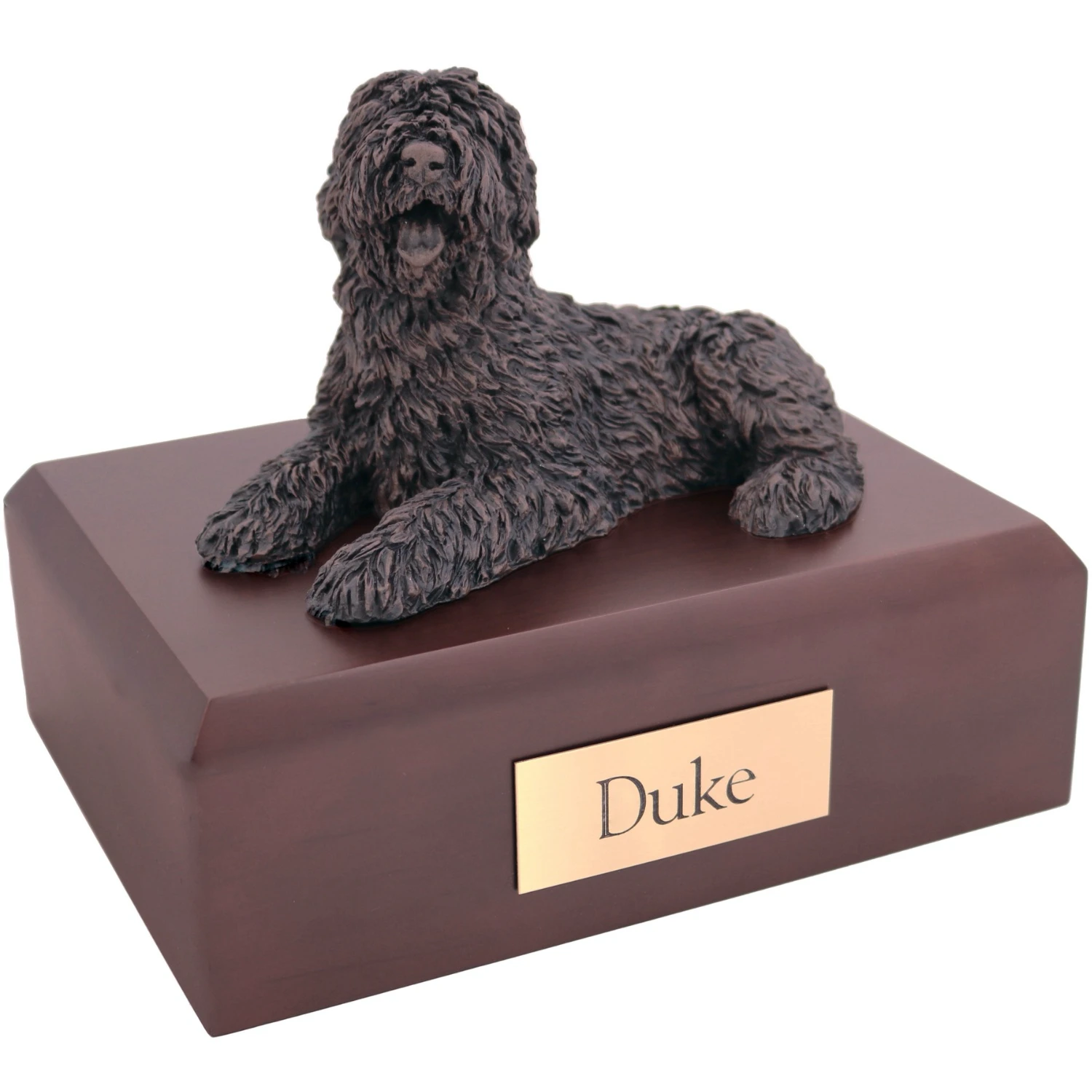 Bronze look laying Sheepdog dog figurine walnut wood memorial cremation urn