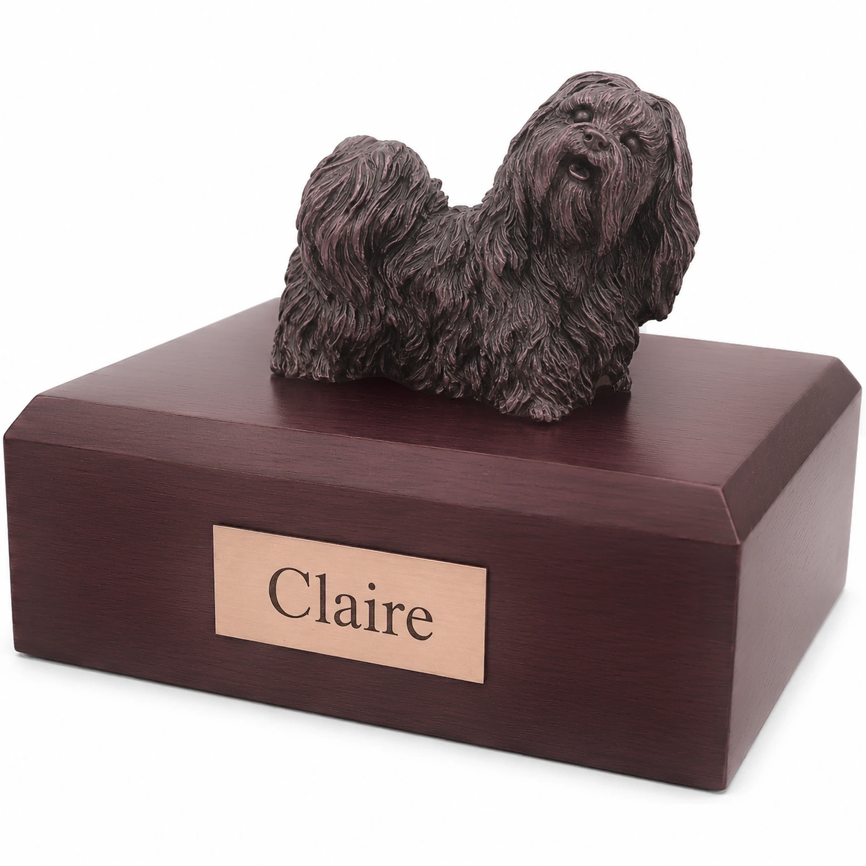 Bronze look standing Shih Tzu dog figurine walnut wood memorial cremation urn