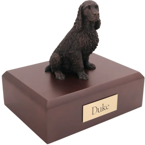 Bronze look sitting Springer Spaniel dog figurine walnut wood memorial cremation urn