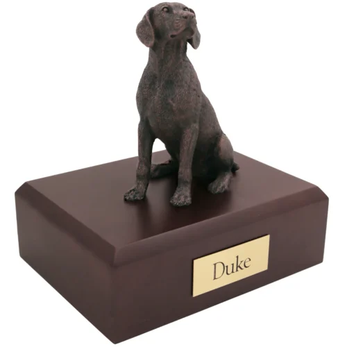 Bronze look sitting Weimaraner dog figurine walnut wood memorial cremation urn
