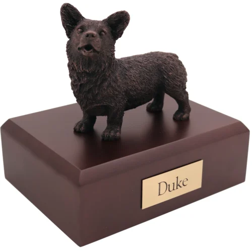 Bronze look standing Welsh Corgi dog figurine walnut wood memorial cremation urn
