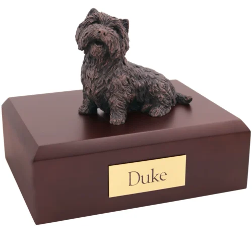 Bronze look sitting West Highland Terrier dog figurine walnut wood memorial cremation urn