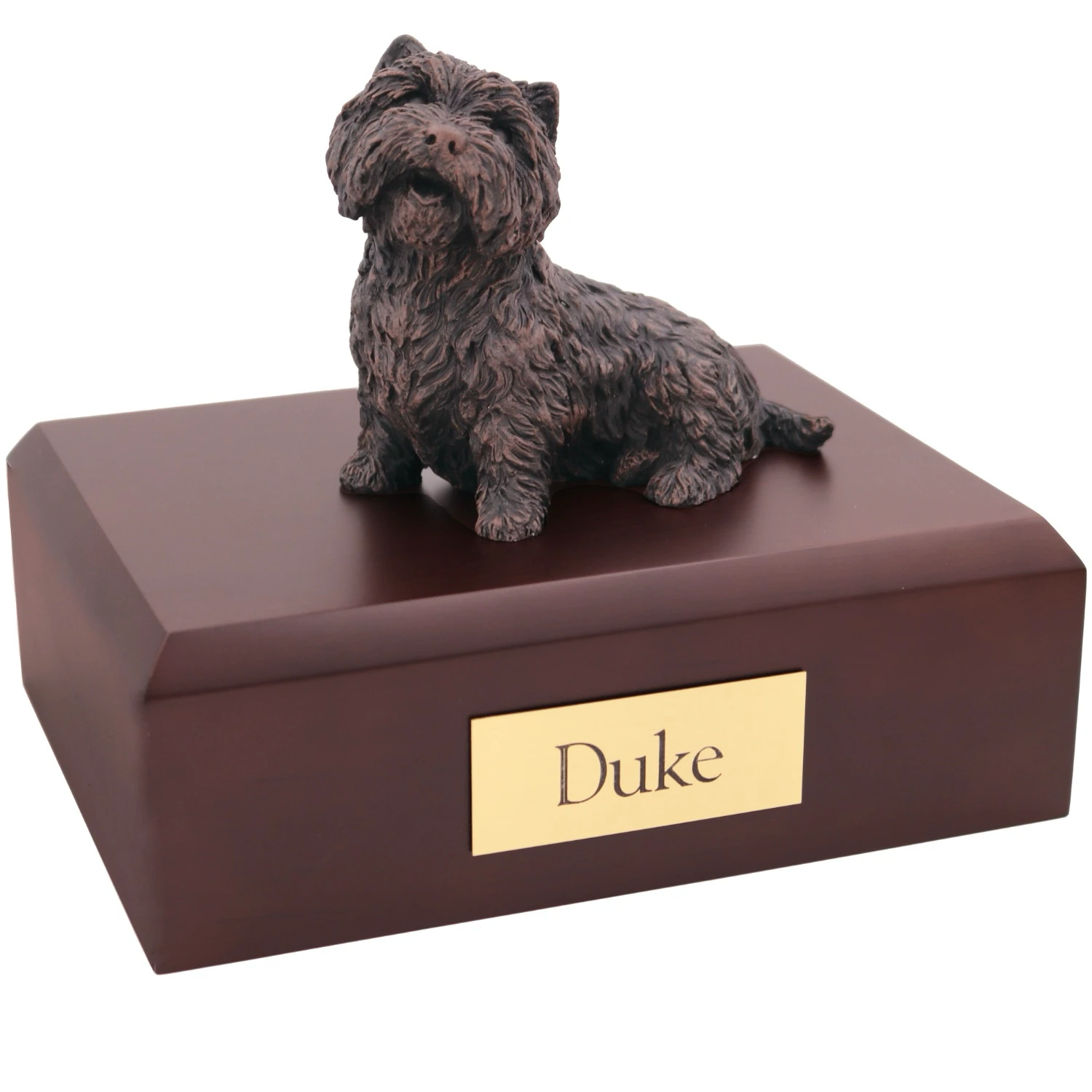 Bronze look sitting West Highland Terrier dog figurine walnut wood memorial cremation urn