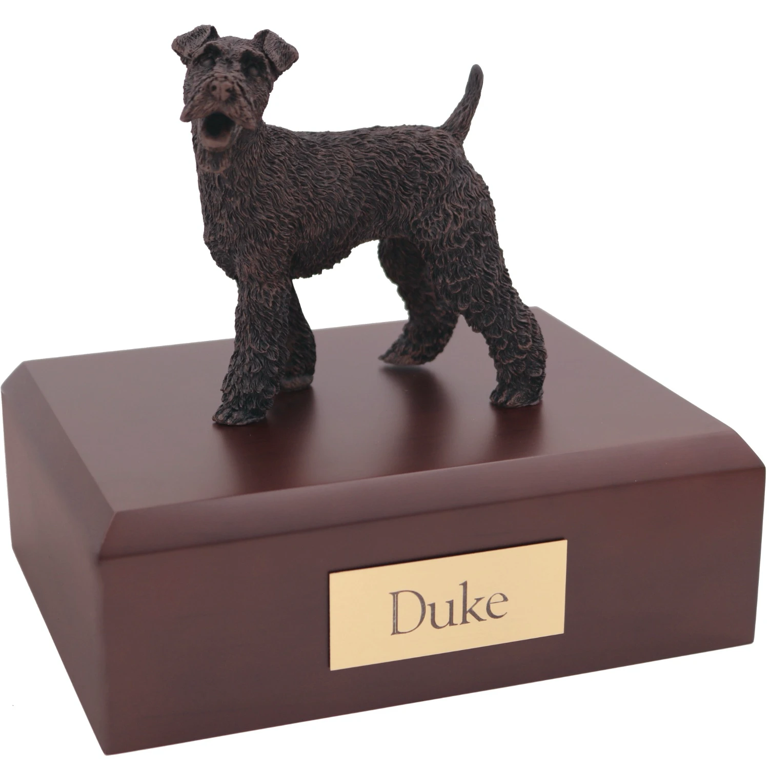 Bronze look standing Fox Terrier dog figurine walnut wood memorial cremation urn