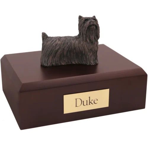 Bronze look standing Yorkshire Terrier dog figurine walnut wood memorial cremation urn