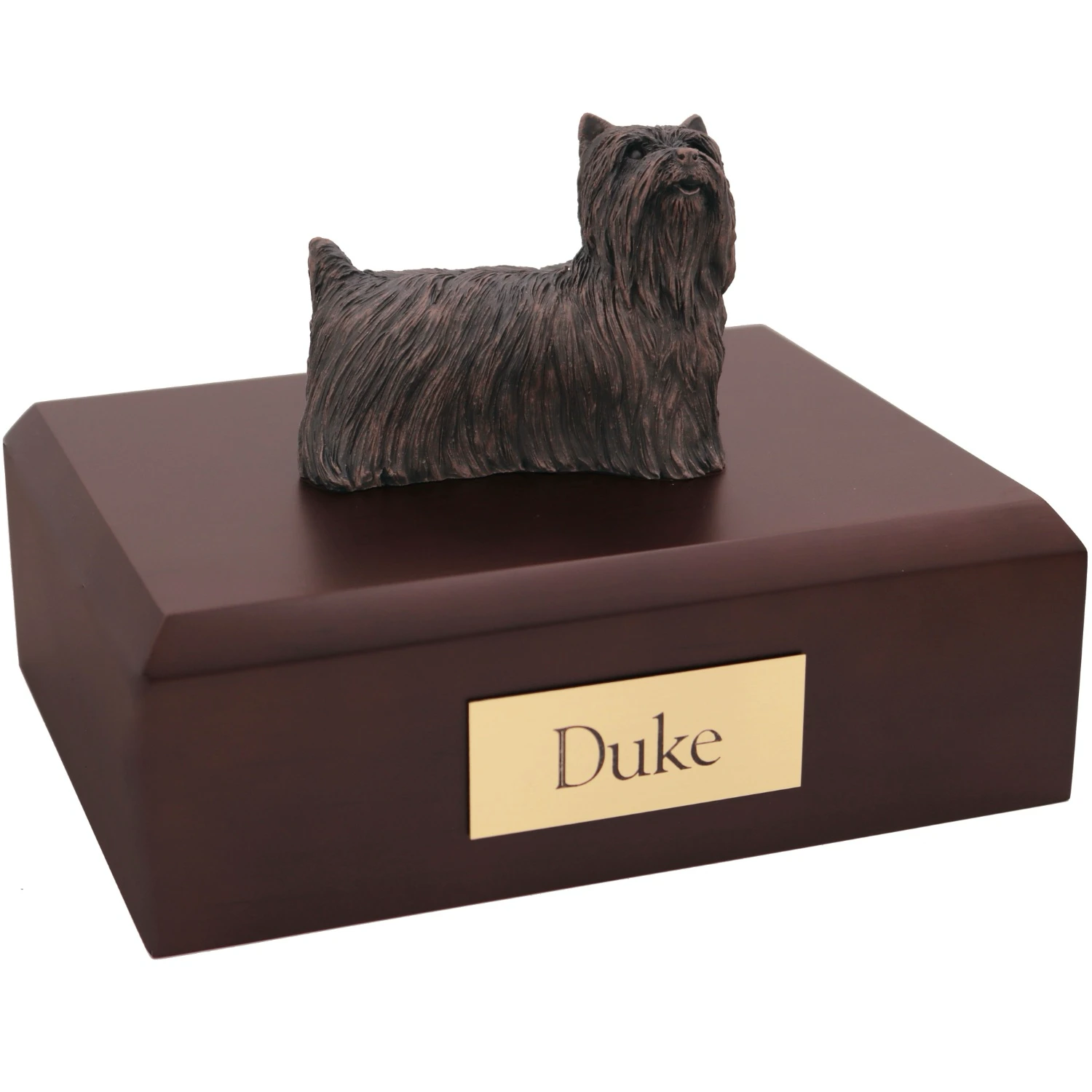 Bronze look standing Yorkshire Terrier dog figurine walnut wood memorial cremation urn