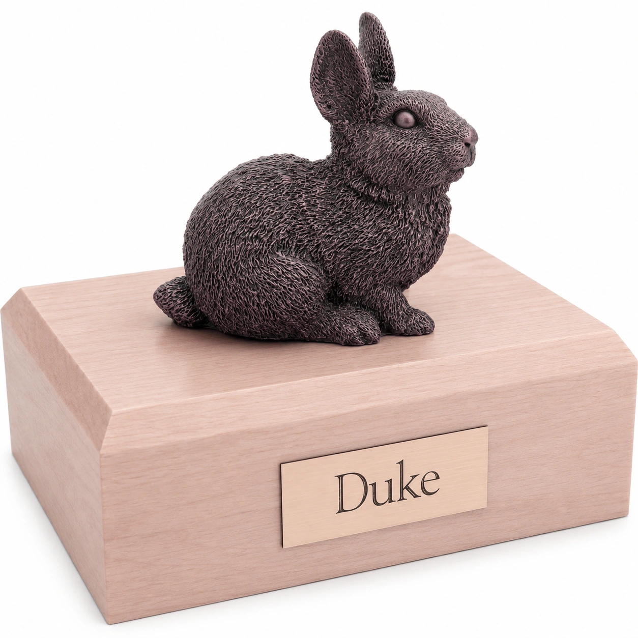 Bronze look sitting rabbit figurine maple wood memorial cremation urn
