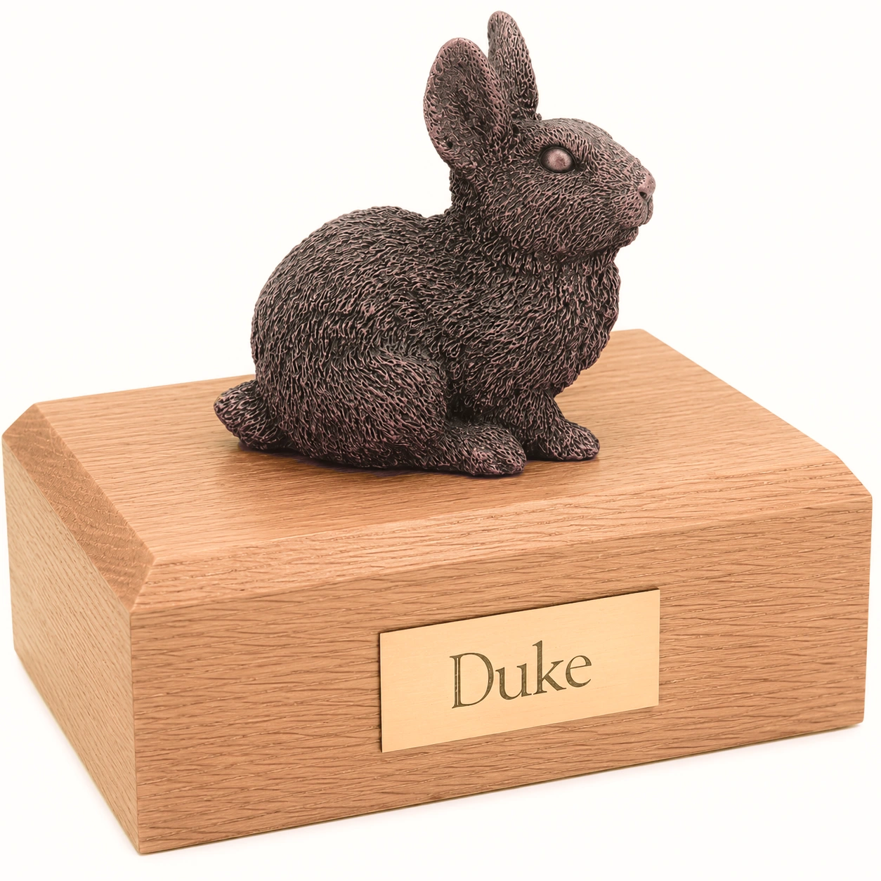 Bronze look rabbit figurine oak wood memorial cremation urn