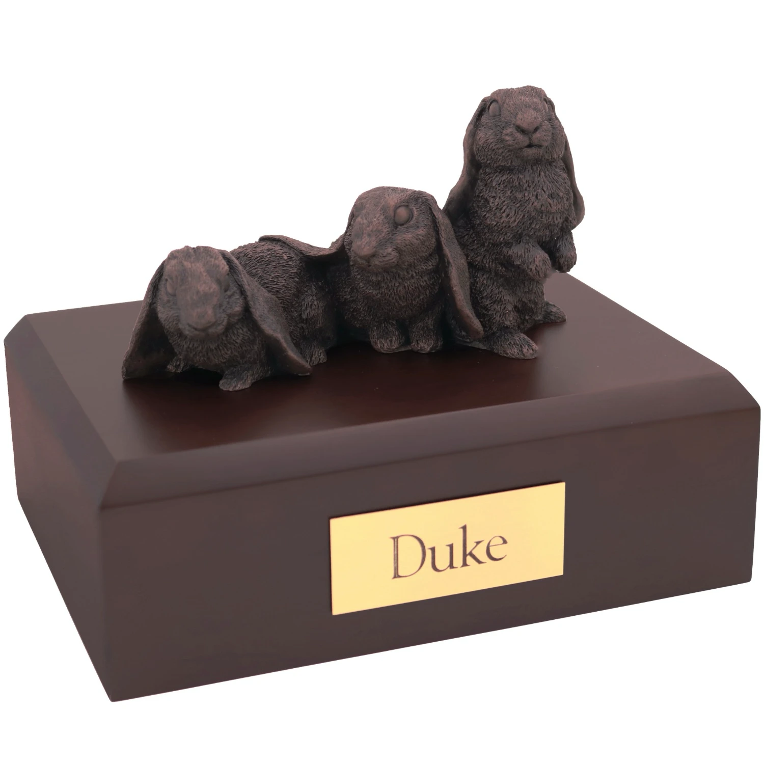Bronze look 3 rabbits figurine walnut wood memorial cremation urn