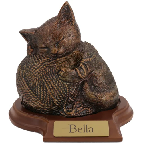 Precious Kitty resin cat memorial cremation urn, bronze finish, with base