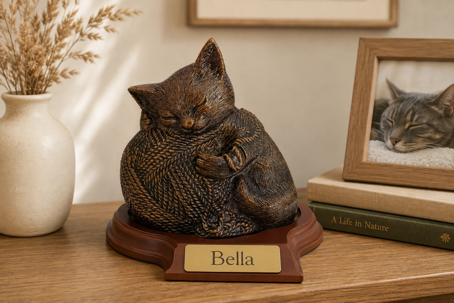 Precious Kitty resin cat memorial cremation urn, bronze finish, with base, home setting