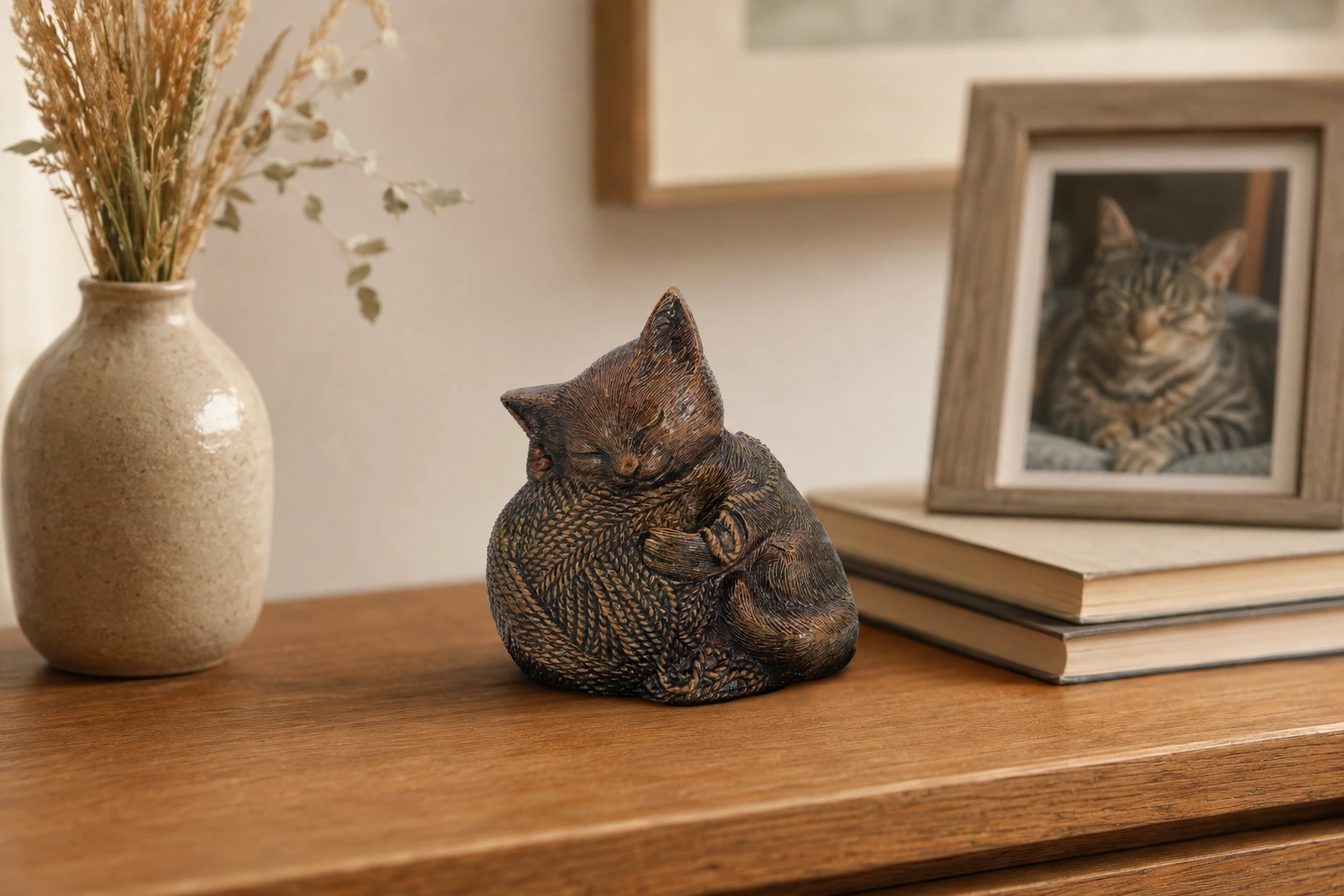 Precious Kitty resin cat memorial cremation urn, bronze finish, home setting
