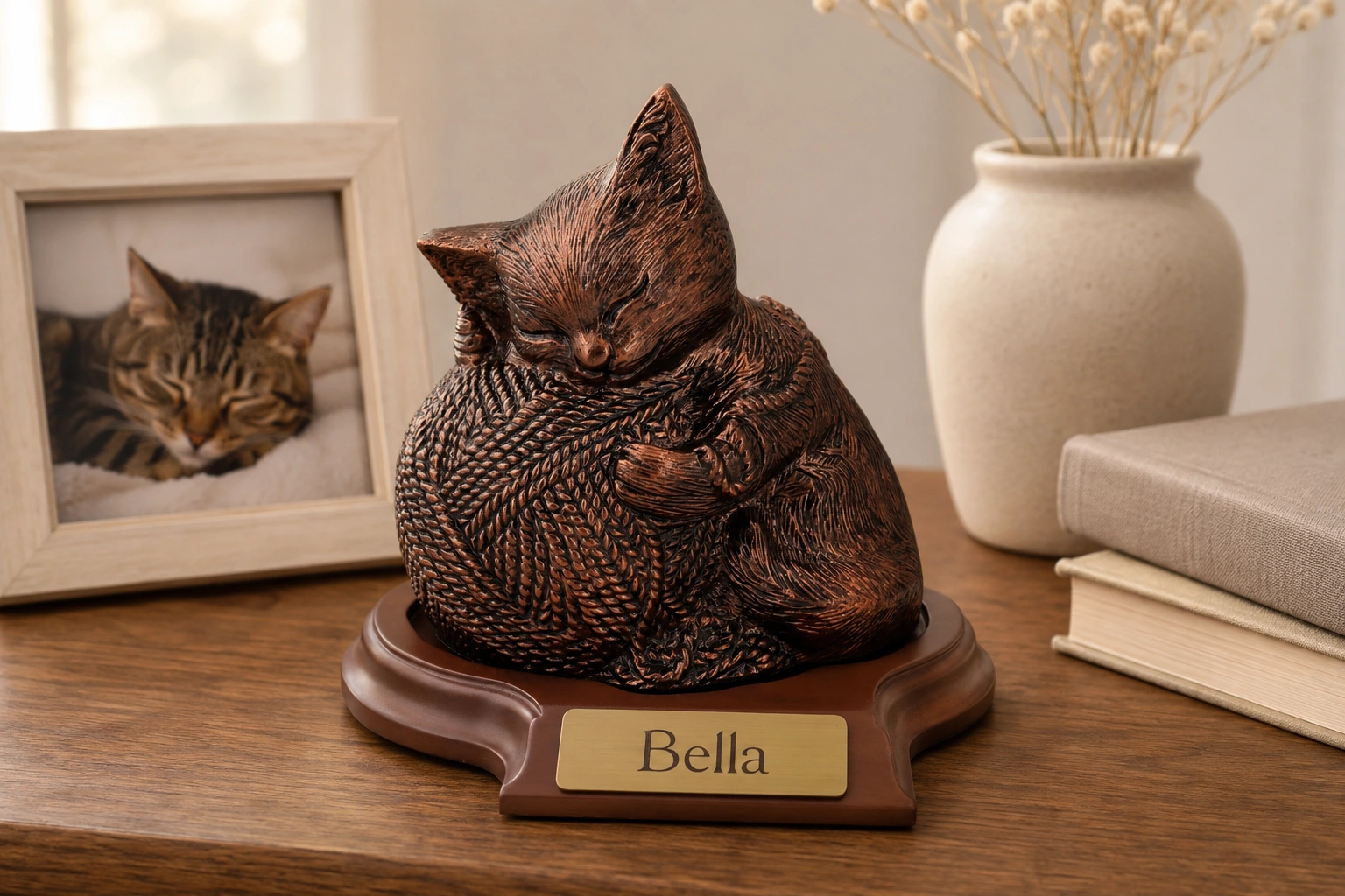 Precious Kitty resin cat memorial cremation urn, copper finish, with base, home setting