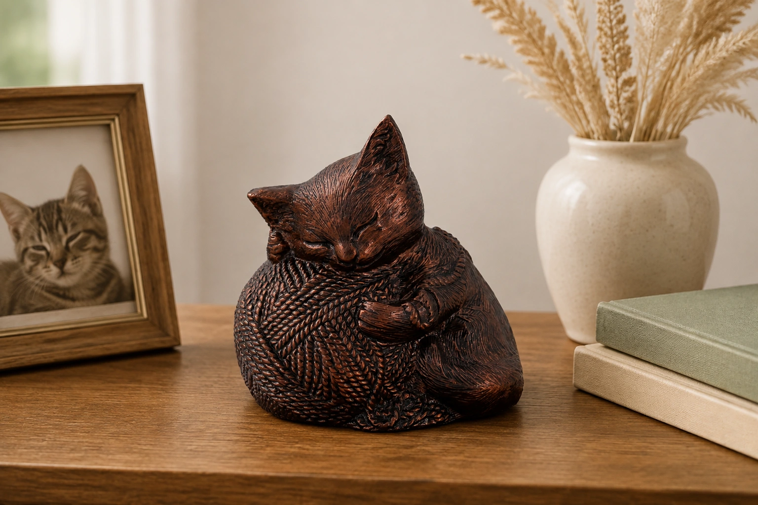 Precious Kitty resin cat memorial cremation urn, copper finish, home setting
