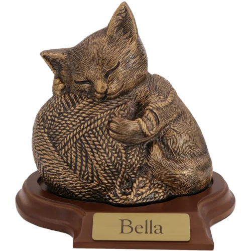 Precious Kitty resin cat memorial cremation urn, gold finish, with base