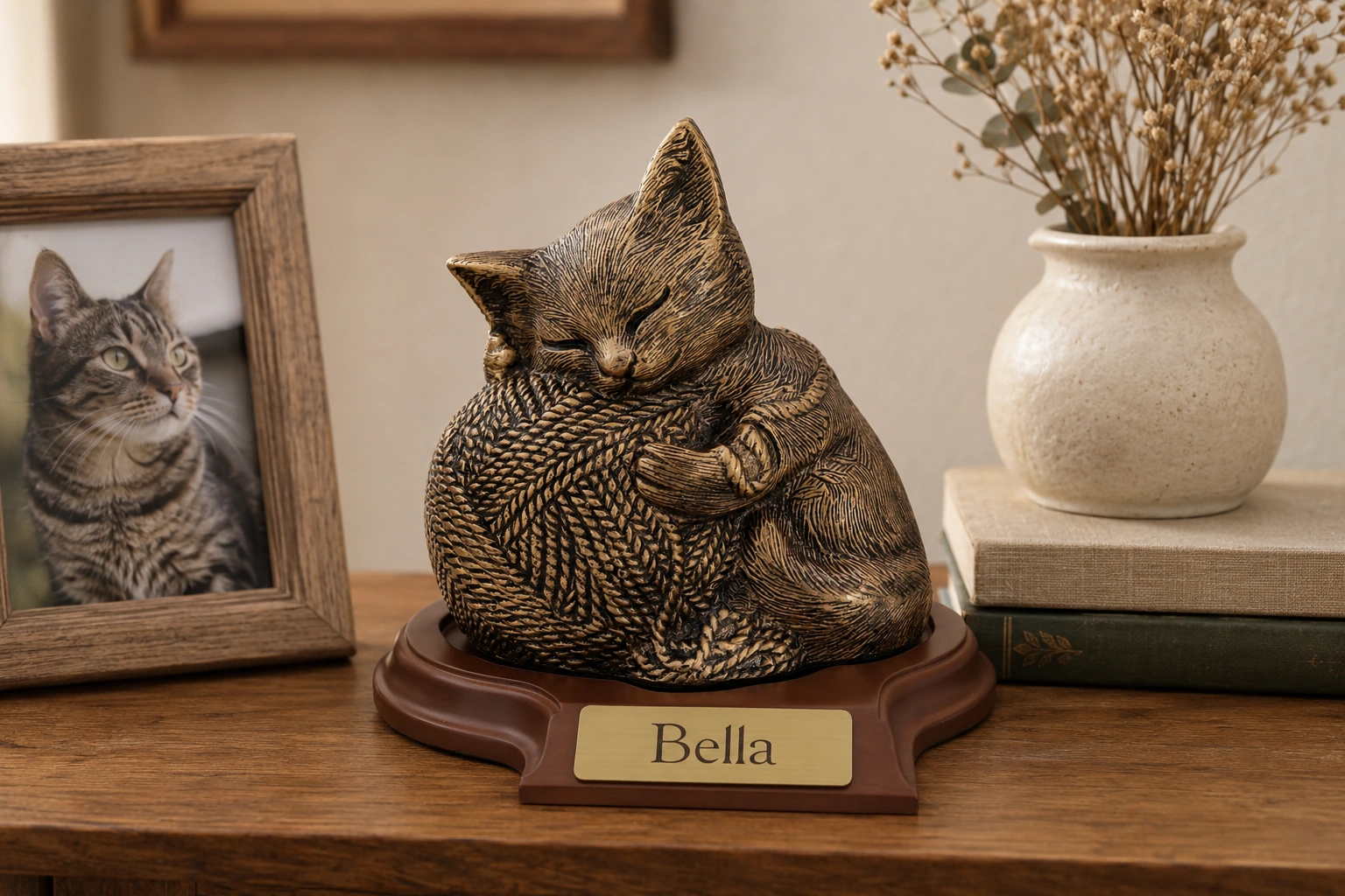 Precious Kitty resin cat memorial cremation urn, gold finish, with base, home setting