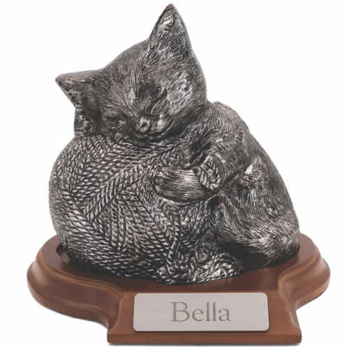Precious Kitty resin cat memorial cremation urn, silver finish, with base