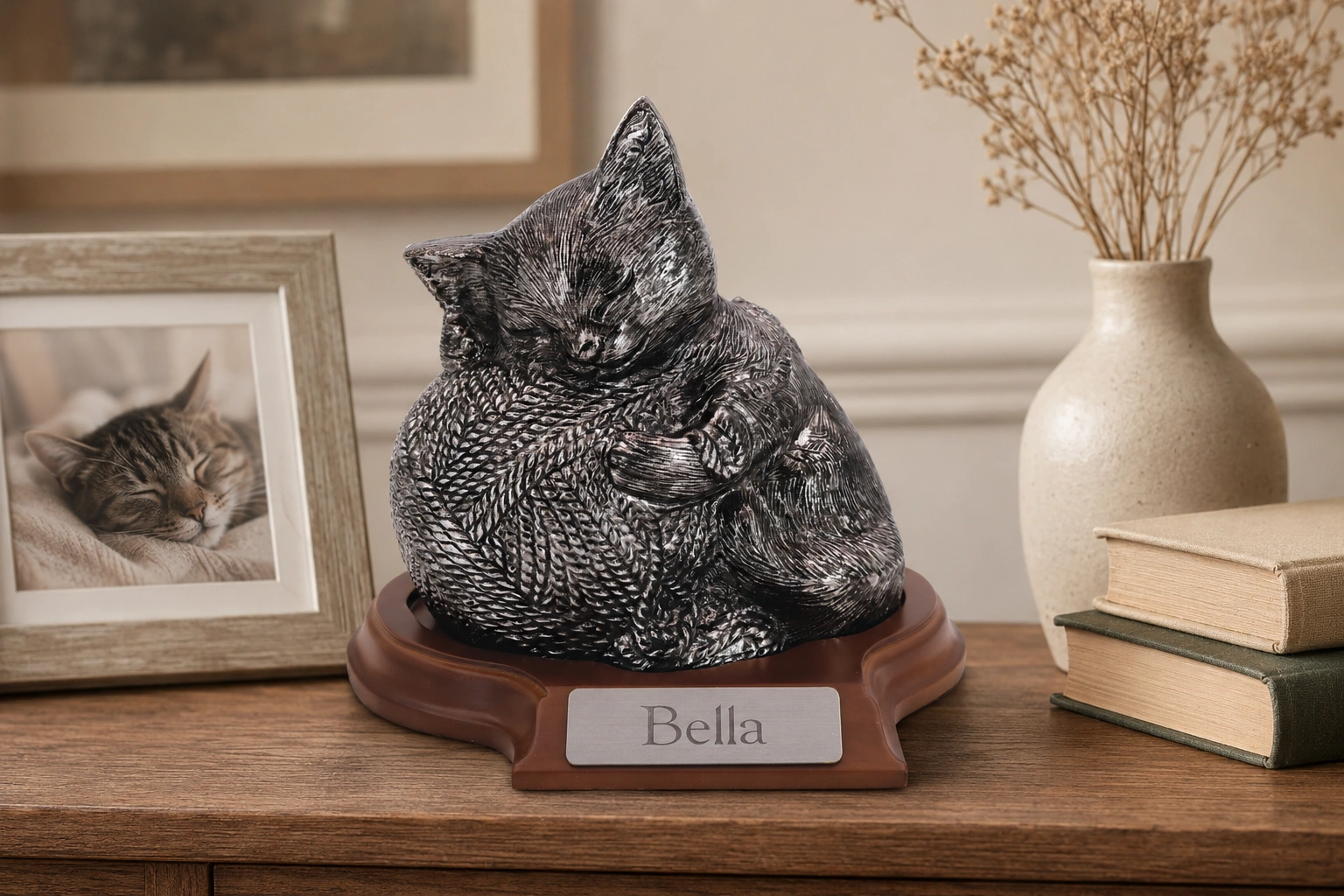 Precious Kitty resin cat memorial cremation urn, silver finish, with base, home setting