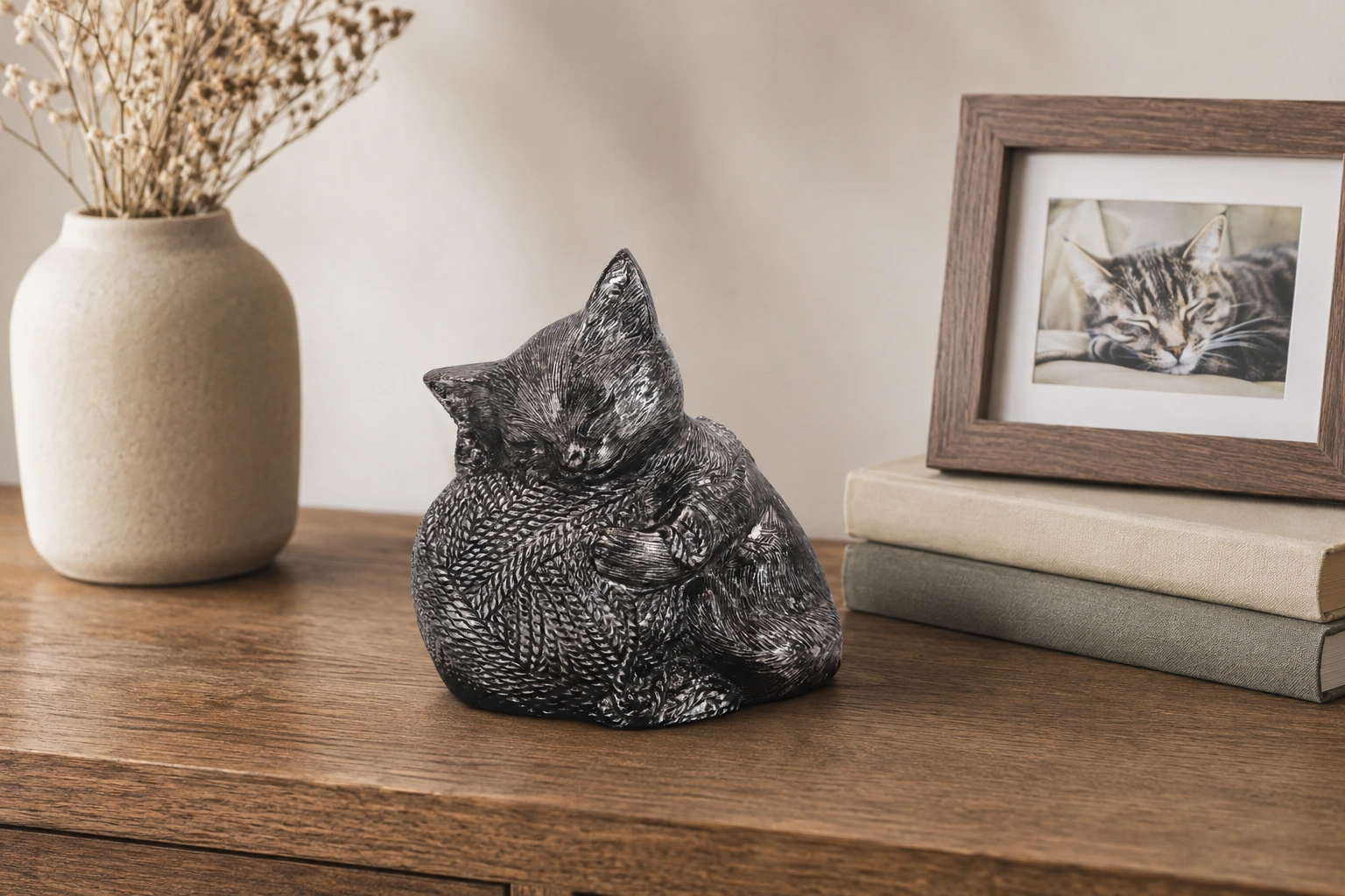 Precious Kitty resin cat memorial cremation urn, silver finish, home setting